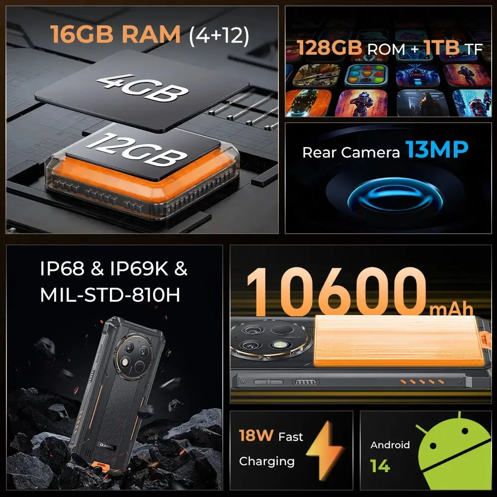 OUKITEL WP28S 4G Rugged Phone 6.52-inch 10600mAh Big Battery 13MP Camera Android 14(16GB+128GB NFC) - Image 7