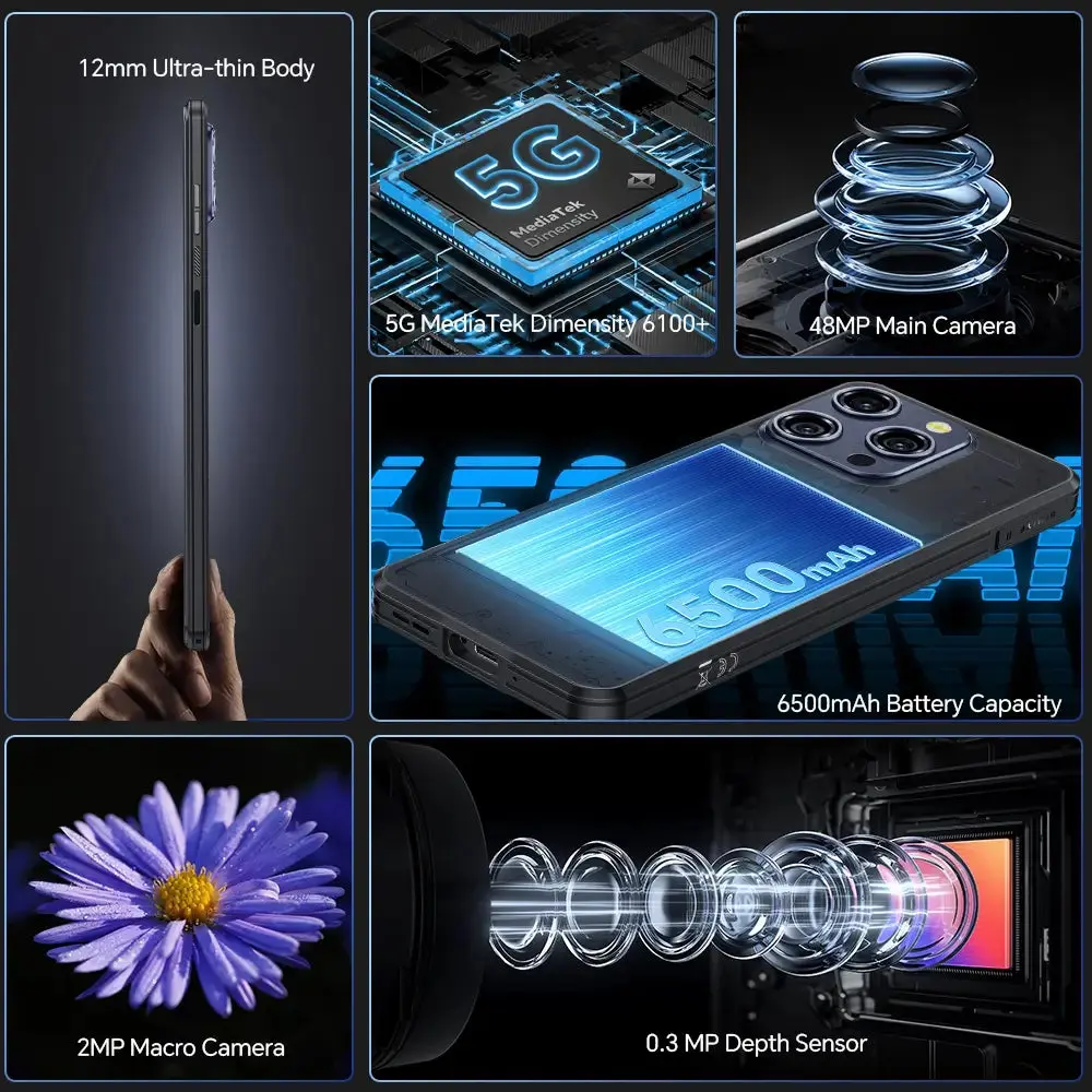 OUKITEL WP52 5G Rugged Phone 6.6-inch 6500mAh Big Battery 48MP Camera Android 14(16GB+256GB NFC) - Image 3